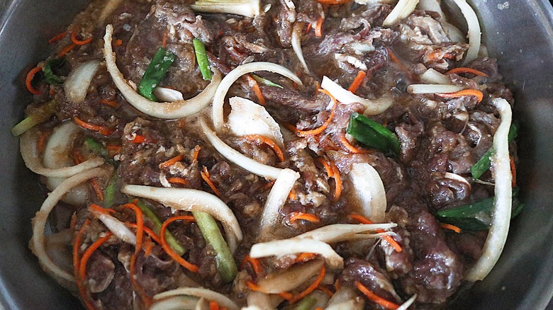 Bulgogi in a skillet.