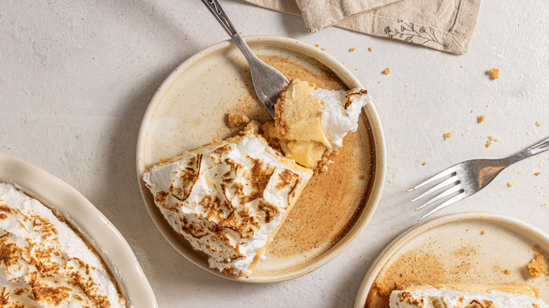 Canadian flapper pie slice on plate with bite removed