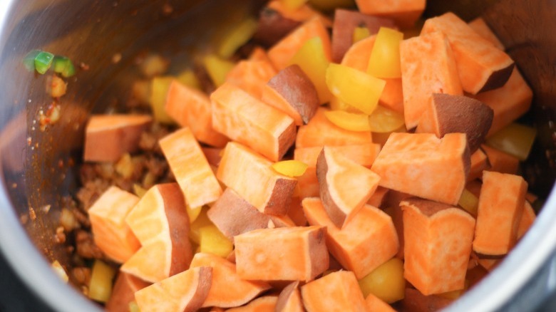 sweet potatoes diced added to Instant Pot chili mixture