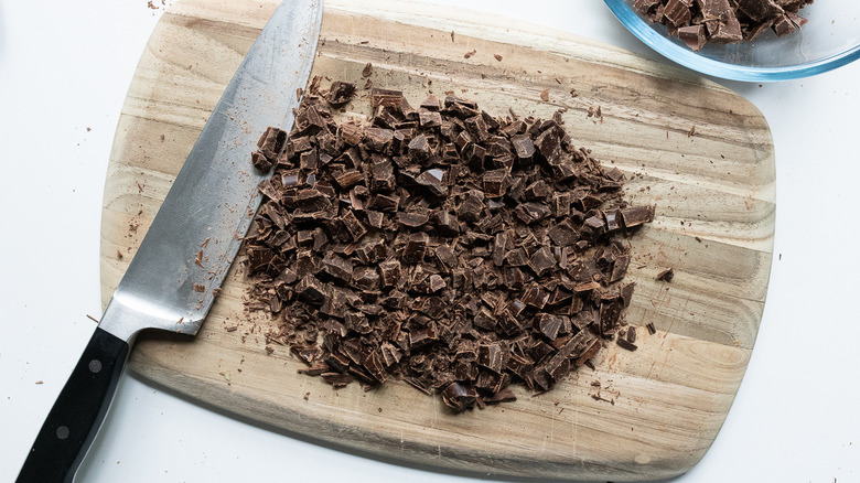 chopped chocolate on cutting board