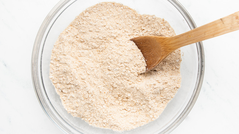 Flour and oat mixture in mixing bowl