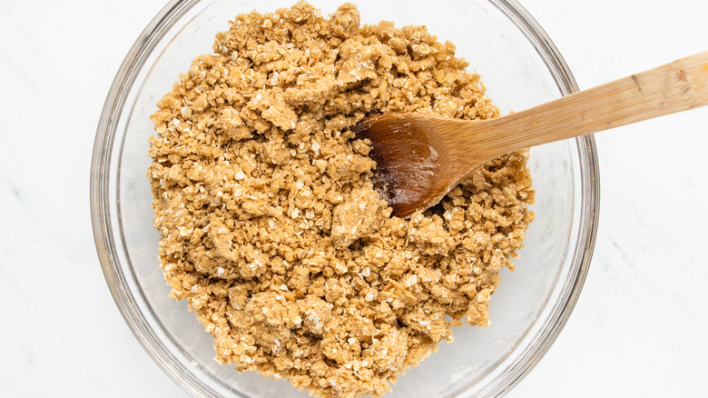 Oat bar mixture in mixing bowl