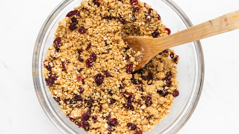 Cranberry oat bar mixture in mixing bowl