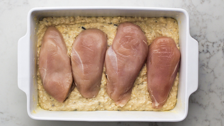 chicken rice casserole before baking