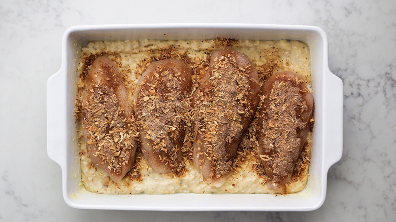 chicken rice casserole before baking