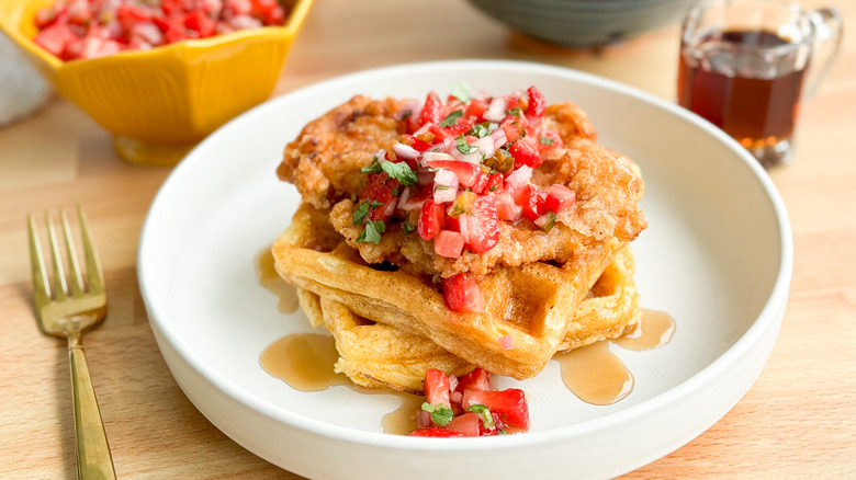 chicken and waffles with strawberry salsa