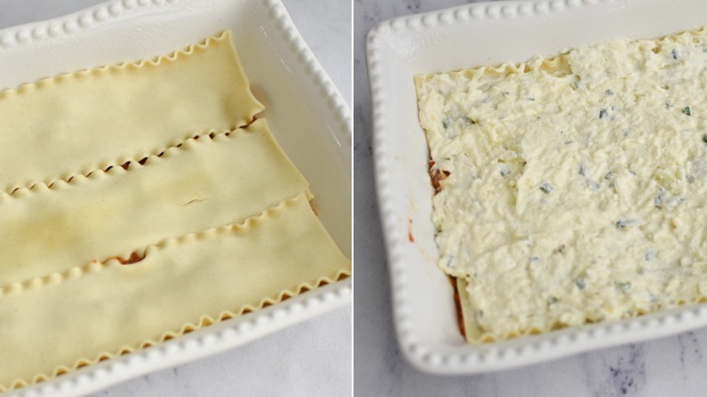 Split image of lasagna noodles on top of the sauce on the left, and the cheese mixture on top of the noodles on the right