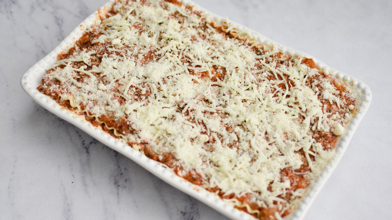 Lasagna that is assembled and ready to be baked