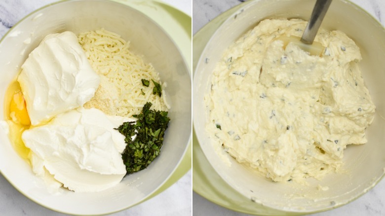 Split image with the ingredients for the cheese mixture on one side and the combined cheese mixture on the other