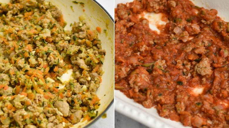 A split image with the veggies and sausage on the left and the the veggies and sausage mixed with the tomatoes on the right