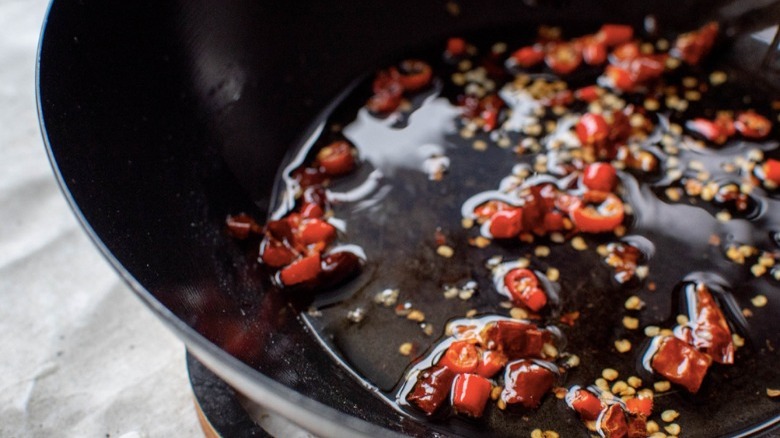 chili oil in skillet