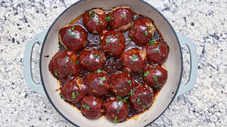 pot of ham balls in sauce