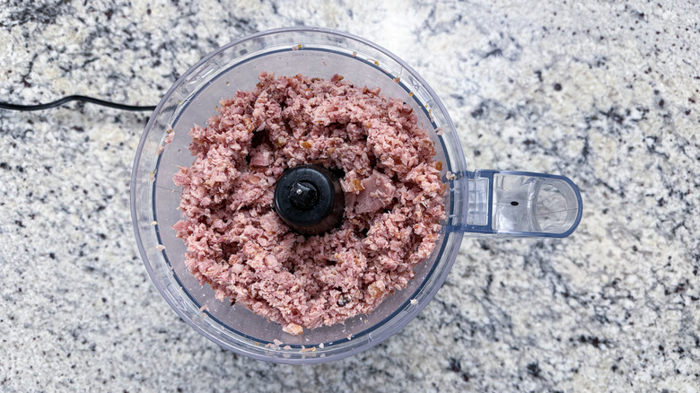 minced ham in food processor