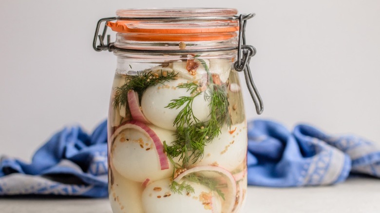 glass jar of pickling eggs