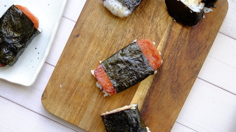 spam musubi pieces on board