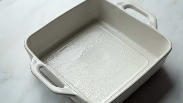 greased square baking dish