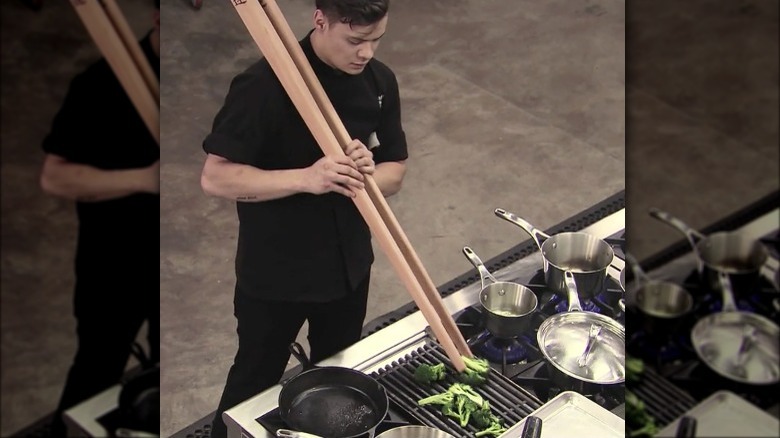 Cody Candelario with giant chopsticks