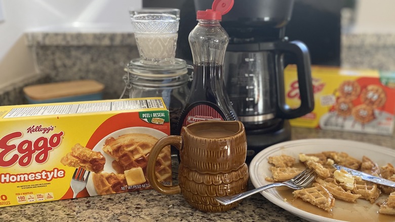 Coffee and Eggo items displayed