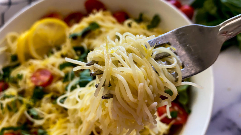 forkful of cold lemon capellini salad recipe