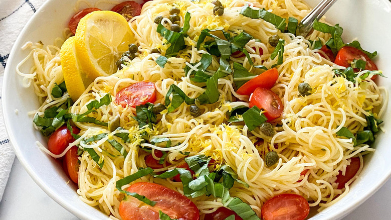 white bowl of cold lemon capellini salad