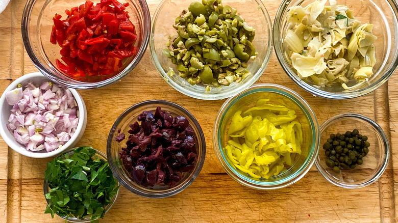 chopped ingredients in bowls