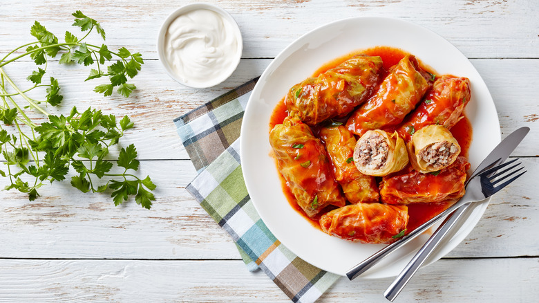 A dish of cabbage rolls.