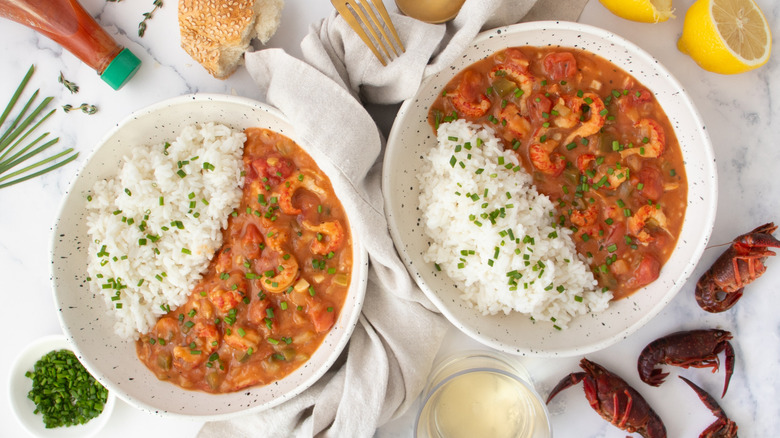 Bowls of etouffee with rice