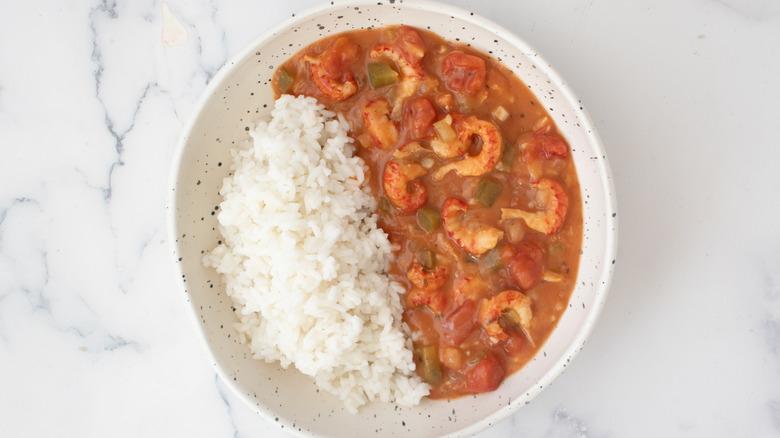 White rice and etouffee in bowl