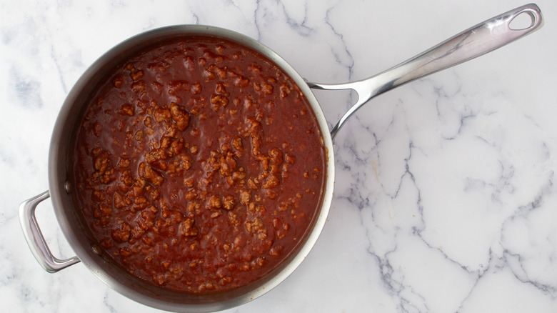 Saucy ground pork in skillet