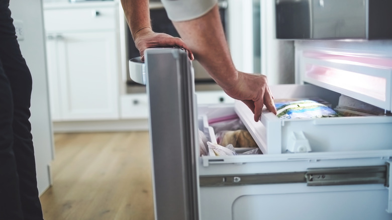 person looking through freezer drawers