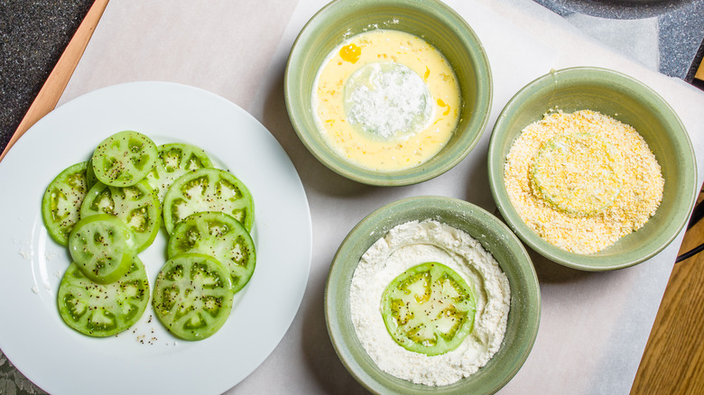 dredging green tomatoes for frying