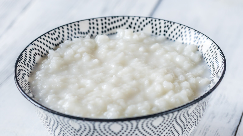 Plain rice congee in patterned bowl