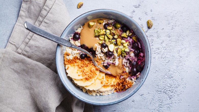 bowl of overnight oats on a neutral background