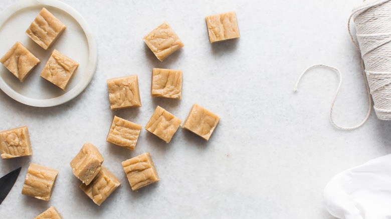 squares of homemade fudge on a neutral background