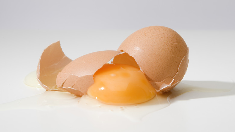 Broken egg shell spilling egg yolk