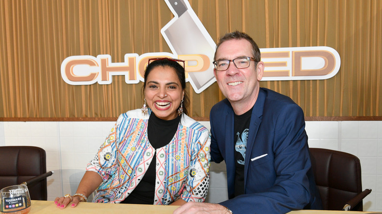 Chopped's Maneet Chauhan (L) and Ted Allen on the press circuit. 