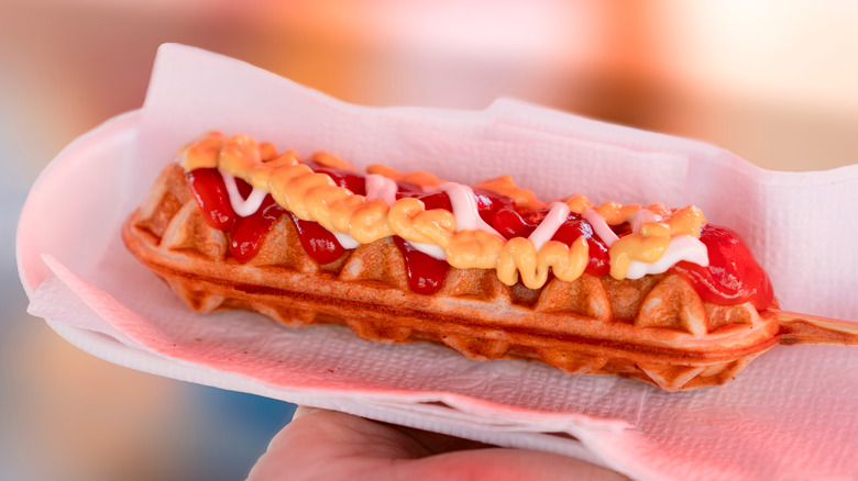 Waffle hot dog with condiments