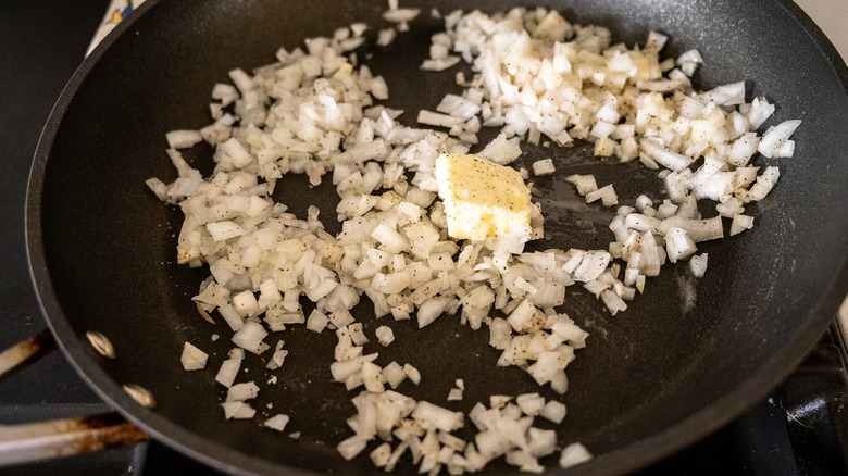 onions cooking in pan