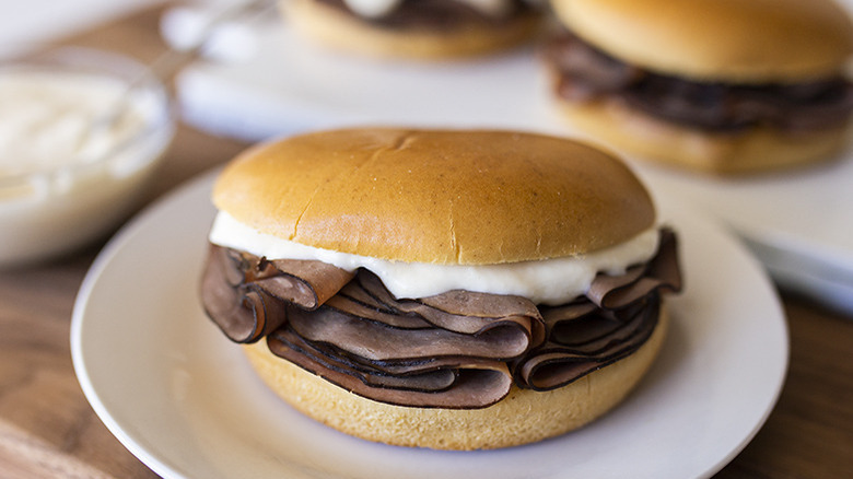 Copycat Arby's Horsey Sauce on a sandwich