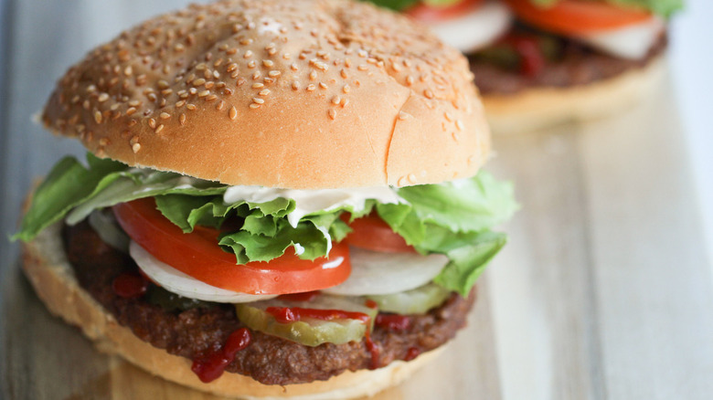 A closeup picture of a copycat Burger King Impossible Whopper