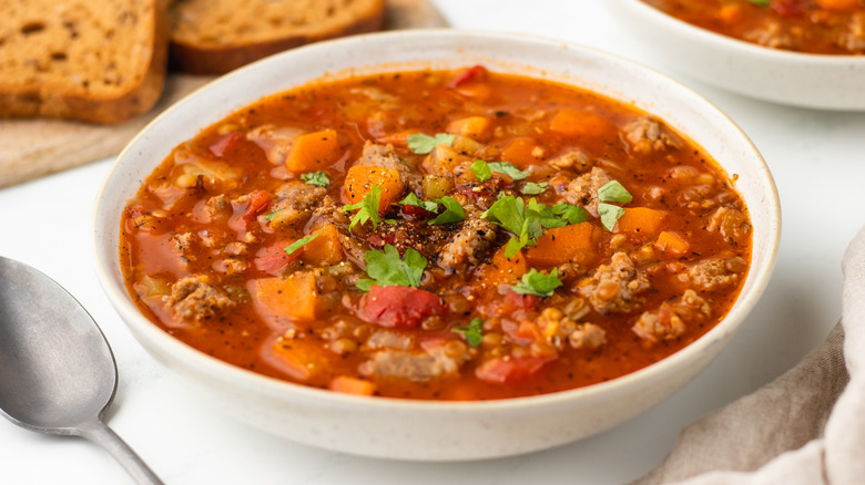 bowl of sausage lentil soup