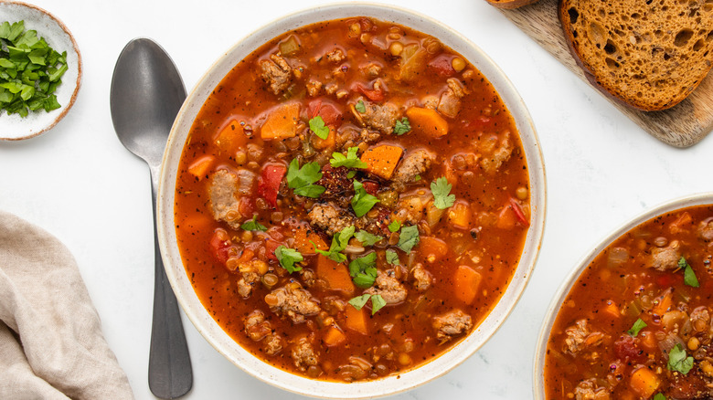 bowl of sausage lentil soup