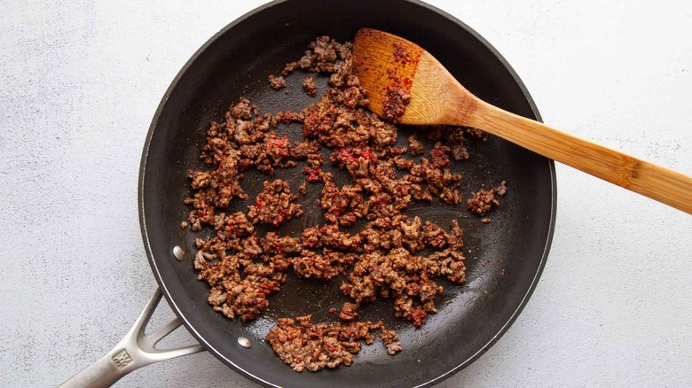 seasoned beef in a skillet