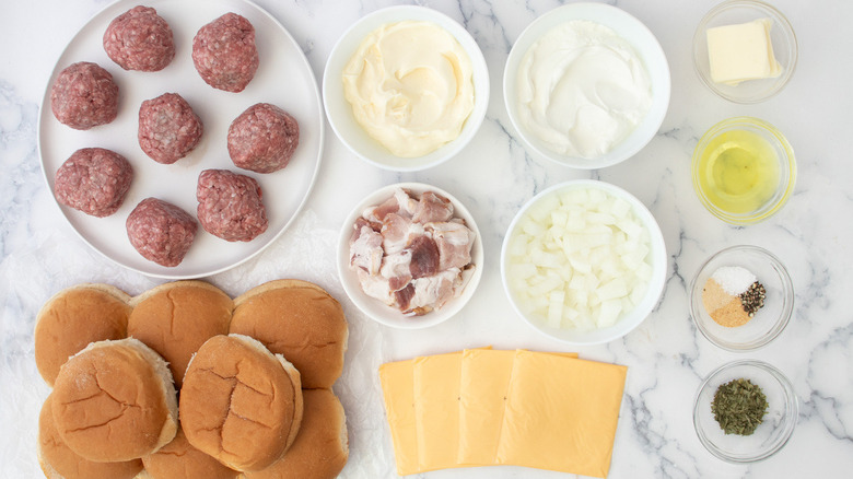 burger meat buns and toppings