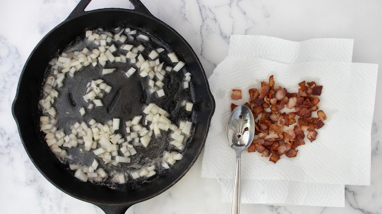 chopped onions in frying pan