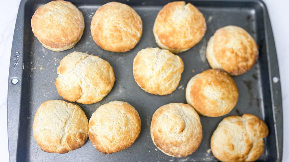 Baked biscuits on a sheet pan