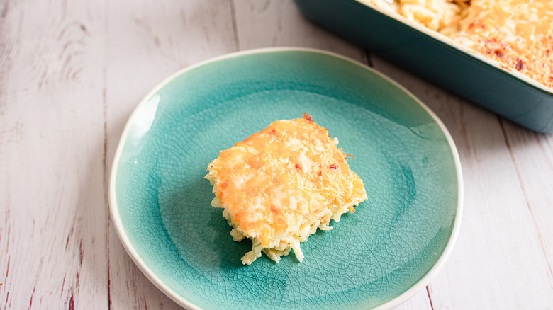 casserole serving on a blue plate