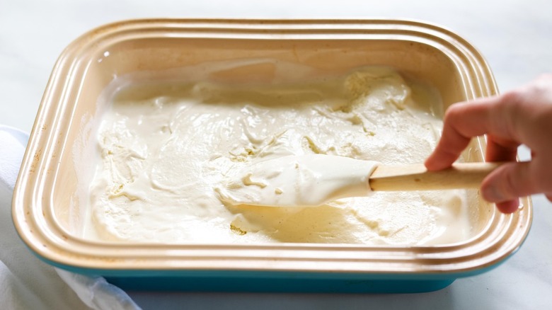 Ice cream smoothed out into a baking dish