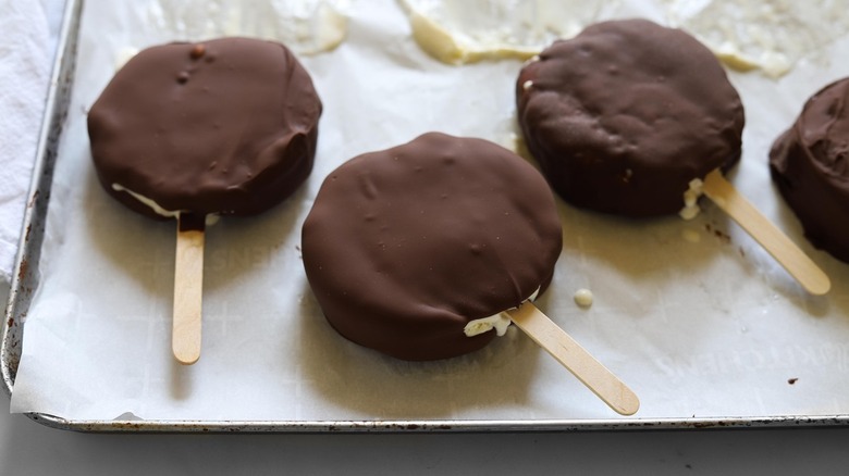 Chocolate dilly bars laying on a baking sheet