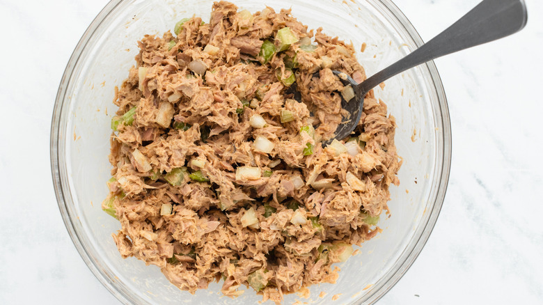 tun salad ingredients in bowl 